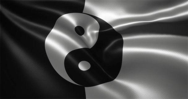 Yin Yang Vlag, Chinese YinYang Vlag met golvende plooien, close-up view, 3D rendering - Foto, afbeelding