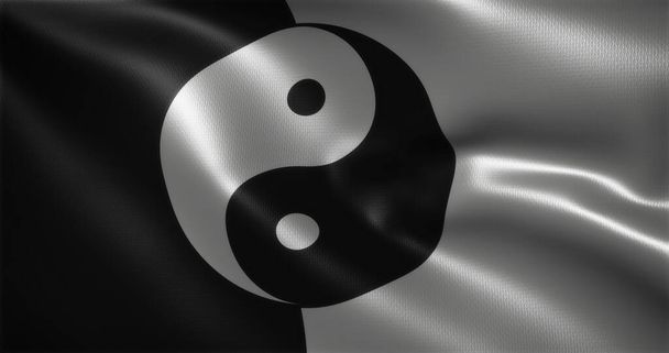 Bandera Yin Yang, Bandera china YinYang con pliegues ondulantes, vista de cerca, representación 3D - Foto, Imagen