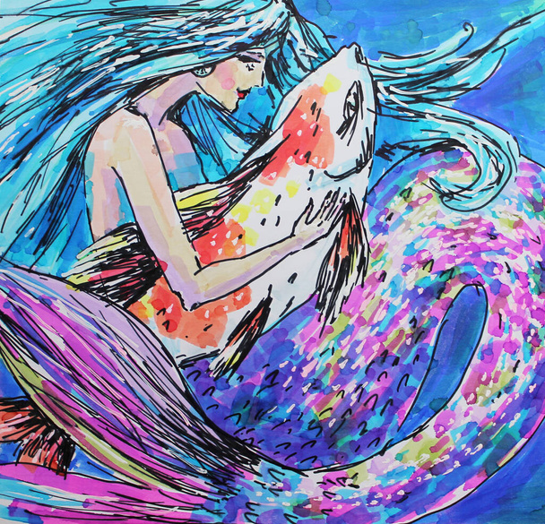 Illustrazione fantasy di una sirena galleggiante con un mare di pesci. - Foto, immagini