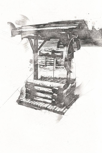 Starobylá artézská studna s věšákem na dřevo a dřevěnou střechou, stáří, výtvarná ilustrace retro vinobraní starožitný náčrt - Fotografie, Obrázek