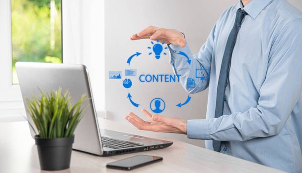 Content marketing cycle - creating, publishing, distributing content for a targeted audience online and analysis. - Photo, Image