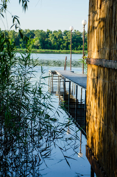 Houten platform dat naar de rivier leidt. Wild Reeds op de rand van het meer. Prachtige natuurlijke omgeving - Foto, afbeelding