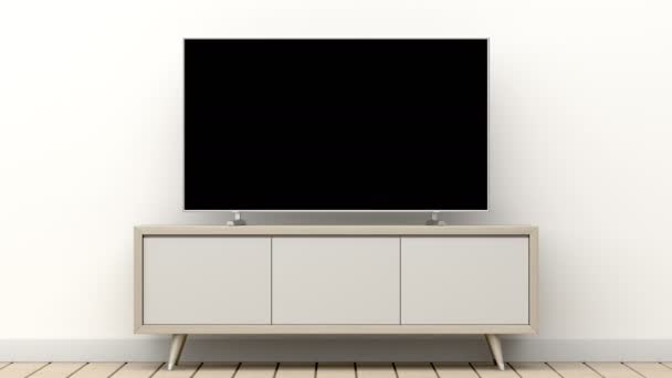 リビングルームの空白の画面を持つ現代的なテレビ、画面にズーム - 映像、動画