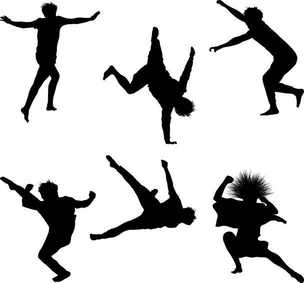 set dansende mannetjes silhouetten - Vector, afbeelding