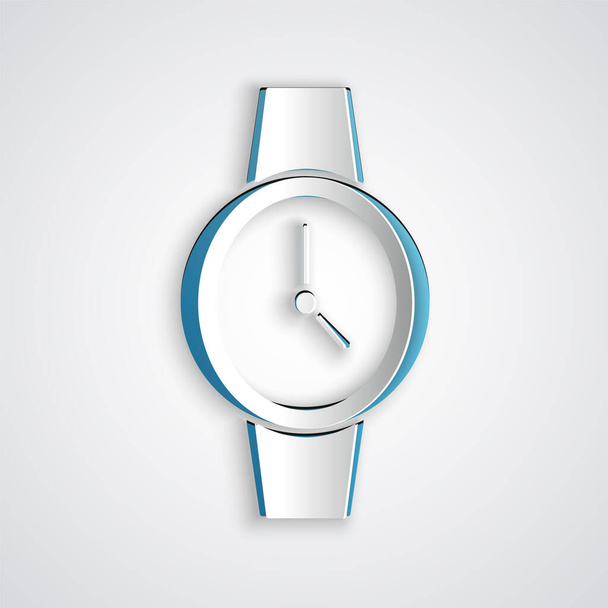 Paper cut Wrist watch icon isolated on grey background. Wristwatch icon. Paper art style. Vector. - Вектор,изображение