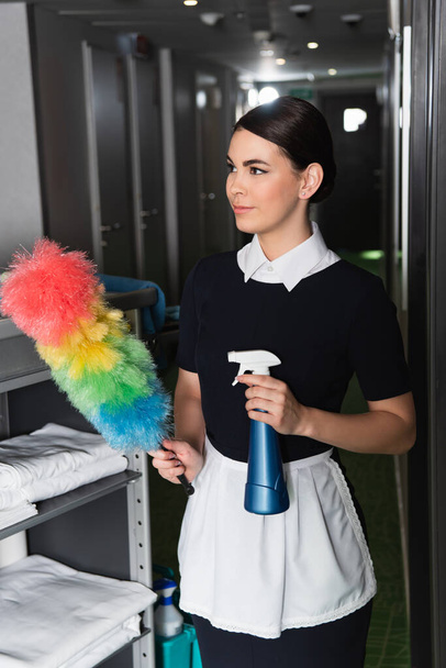 young maid in uniform holding dust brush and spray bottle  - 写真・画像