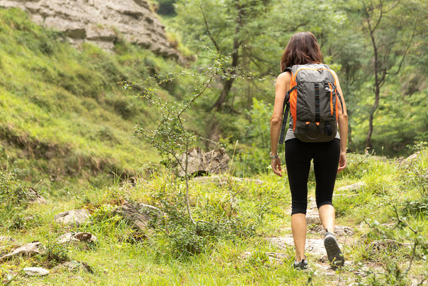 woman walking through the bush with black leggings and a backpack on her back - Foto, imagen