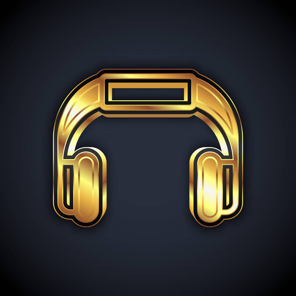 Gold-Kopfhörer-Symbol isoliert auf schwarzem Hintergrund. Kopfhörer. Konzept zum Hören von Musik, Service, Kommunikation und Bedienung. Vektor. - Vektor, Bild