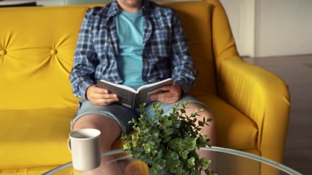 um homem lendo um livro enquanto sentado no sofá - Filmagem, Vídeo