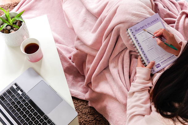 Rózsaszín takarót takaró nő ül a kanapén, jegyzetel a tanár tervezőjéről. otthon tanulás vagy munka. - Fotó, kép