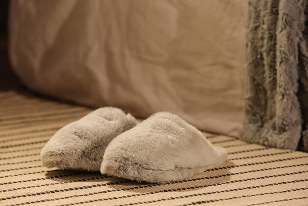 Samice miękkie kapcie na dywanie w domu - Zdjęcie, obraz
