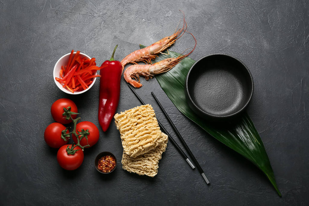 Composition with ingredients for Thai soup on dark background - Photo, Image