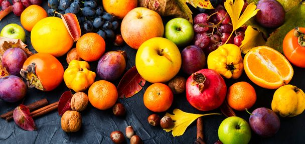 Assortment of fruits,grapes and nuts.Autumn fruits.Autumn seasonal harvest - Photo, Image