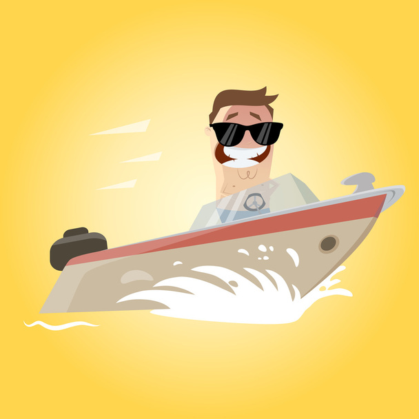 Funny cartoon man on a yacht - Vector, Image