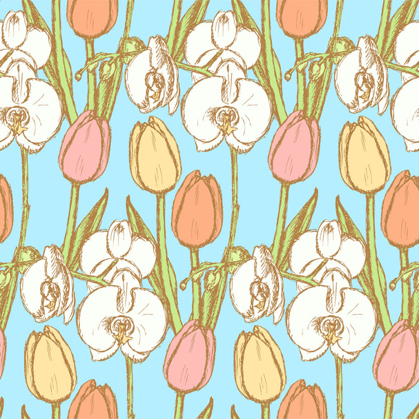 Sketch tulip and orchid, vintage seamless pattern - Вектор,изображение