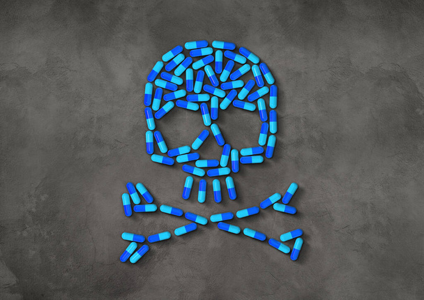 Skull made of blue capsule pills isolated on dark concrete background. 3D illustration - Valokuva, kuva