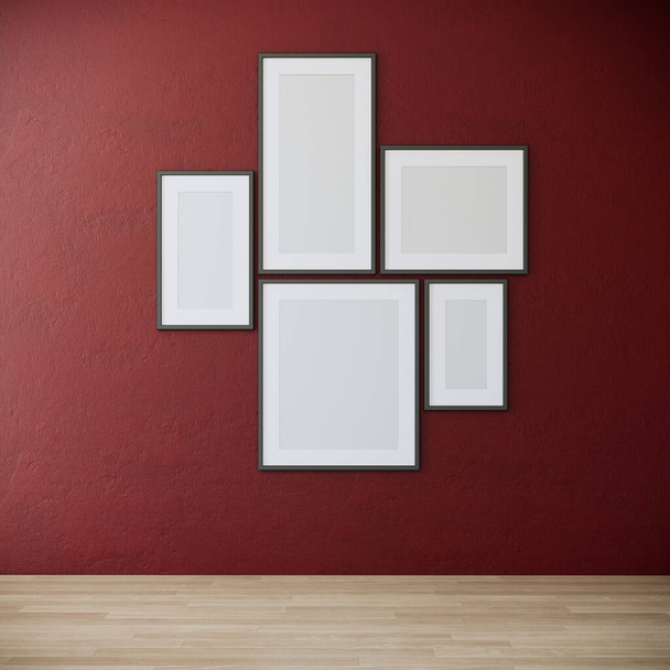 Blank picture frames mock up on red wall. room interior design, 3d rendering - Fotó, kép