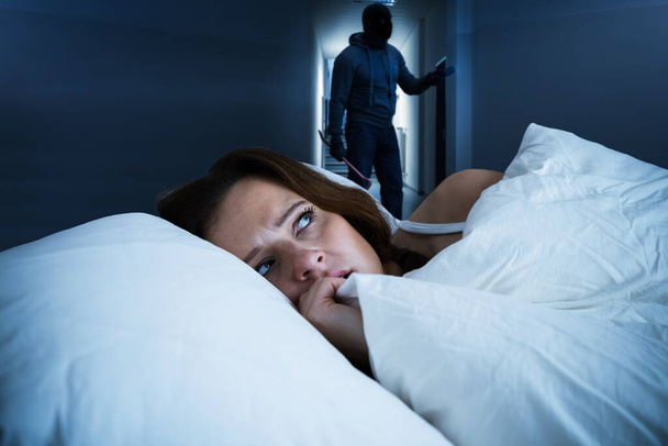 Awake Sleepless Woman Afraid And Scared At Night - Fotó, kép