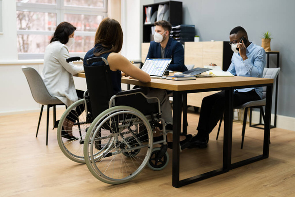 Diverse Disabled Business Worker People In Wheelchair Wearing Face Mask - Foto, Bild