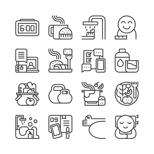 Daily routine icon set. Healthy living activity concept. Wake up, breakfast, shower, work, exercise, meditate, and more. Vector illustration, outline style, editable stroke.  - Vector, Image