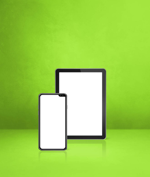 Mobile phone and digital tablet pc on green office desk. 3D Illustration - Foto, Bild