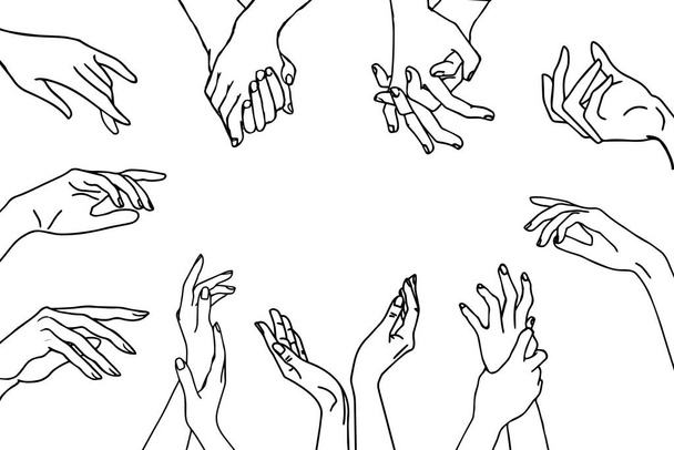 εικονογράφηση, ένα σύνολο περίγραμμα χέρια των εραστών που προσεγγίζουν ο ένας τον άλλο, για κάρτες, αφίσες, προσκλήσεις, πανό - Διάνυσμα, εικόνα