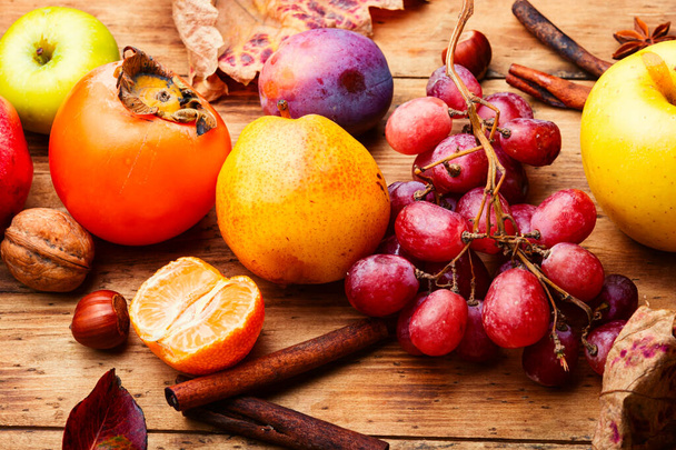 Assortment of fruits,grapes and nuts.Autumn fruits.Autumn seasonal harvest - Foto, imagen