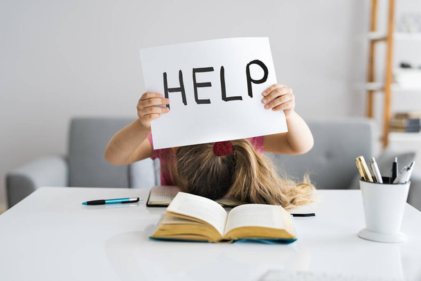 Tired Sad Kid From Homework With Help Sign - Photo, Image