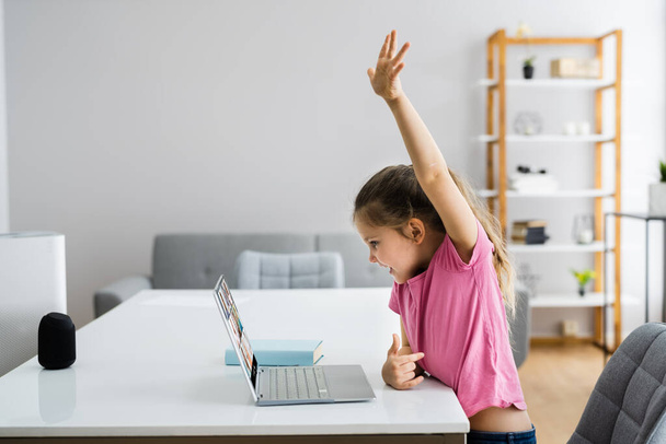 Virtual Video Conferencing Call Child Raising Hand - 写真・画像