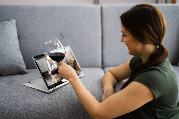 Virtual Wine Tasting Dinner Event Online Using Laptop - Фото, изображение
