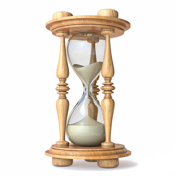 Wooden hourglass 3D render illustration isolated on white background - Foto, afbeelding