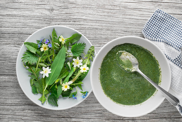 Healthy green soup with fresh spring plants. Dandelion, wild garlic, flowers and nettle ingredients - Fotografie, Obrázek
