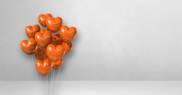 Orange heart shape balloons bunch on a white wall background. Horizontal banner. 3D illustration render - Foto, imagen