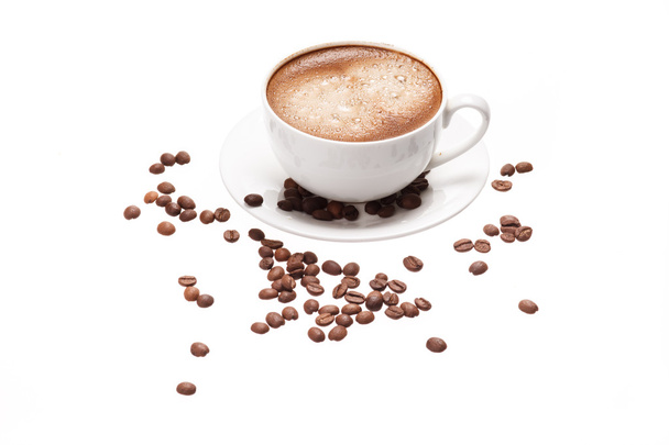 Coffee cup and beans on a white background. - Foto, imagen