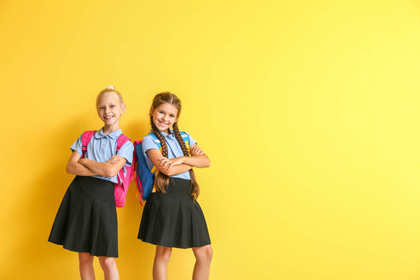Aranyos iskolás lányok a színes háttér - Fotó, kép