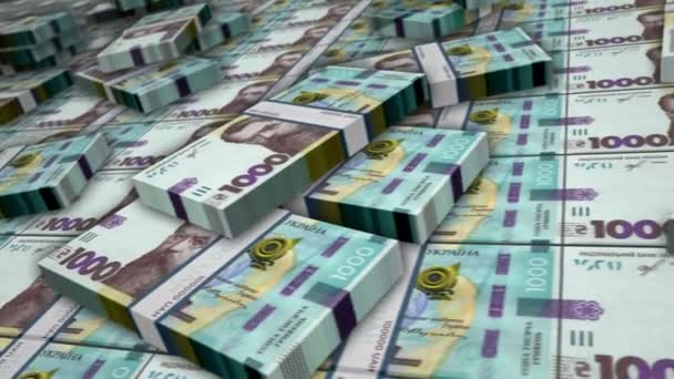 Ukrán Hryvnia bankjegycsomag hurok. 1000 UAH pénzköteg. Fogalom az üzleti, gazdasági, banki és pénzügyi Ukrajnában. Kamera a pénzeszsákon. Loopable zökkenőmentes 3D animáció. - Felvétel, videó