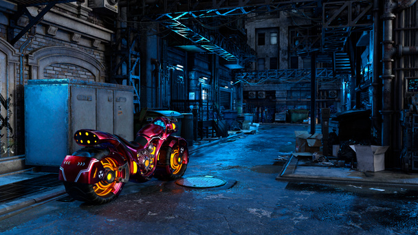 Futuristinen moottoripyörä pimeässä rähjäisessä urbaanissa katukuvassa. Cyberpunk konsepti 3D-kuvitus. - Valokuva, kuva