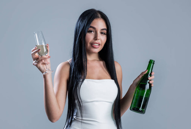 sexy woman drinking champagne from glass, celebrate - Fotoğraf, Görsel