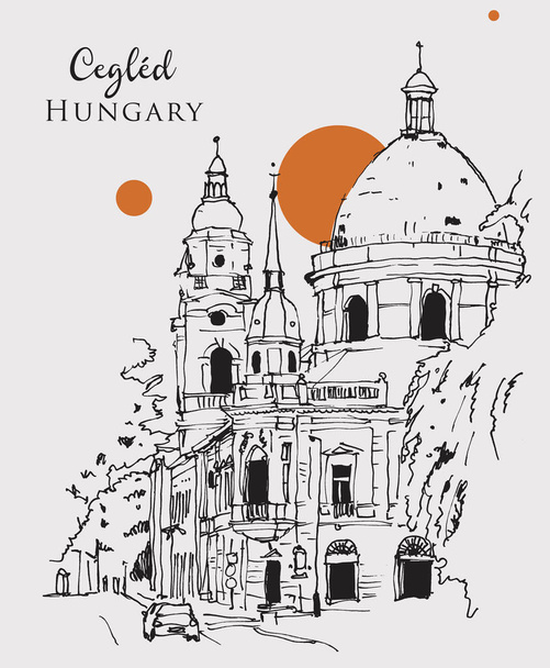 Vector hand drawn sketch illustration of the Calvinist Church of Cegled, Hungary - Vecteur, image
