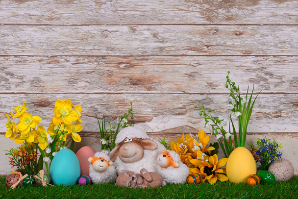 easter eggs and flowers on wooden background - Foto, immagini