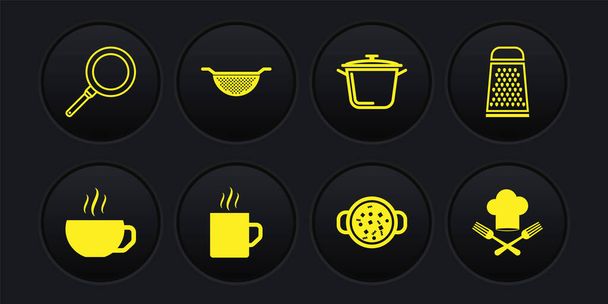 コーヒーカップ、グラター、鍋でスープを調理、キッチンザル、シェフの帽子フォークとフライパンのアイコンを設定します。ベクトル - ベクター画像
