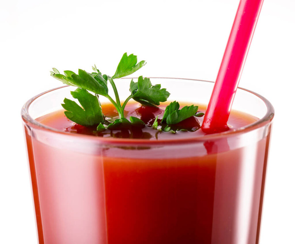 Fragment of glass with tomato juice of parsley and straw isolated on white background - Valokuva, kuva