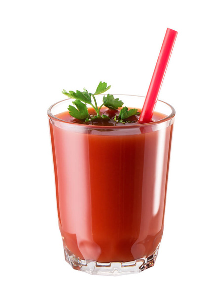 Glass of tomato juice with parsley and a straw isolated on white background - Foto, immagini