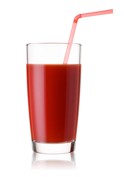 Tall glass of tomato juice with a red straw isolated on white background - Foto, imagen