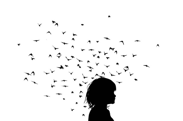 Το κορίτσι σκέφτηκε. Κορίτσια και πολλά ιπτάμενα πουλιά. Εικονογράφηση διανύσματος - Διάνυσμα, εικόνα