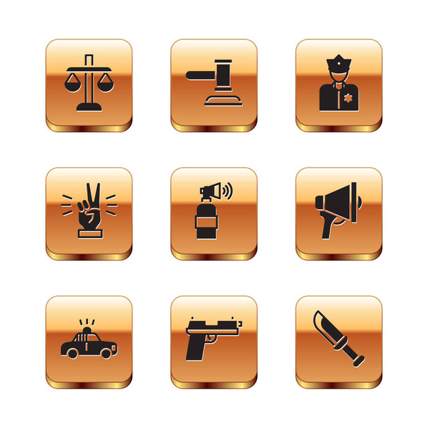 Set Scales of justice, Police car and flasher, Pistol or gun, Air horn, Hand showing two finger, officer, Military knife and Judge gavel icon. Vector - Vector, Image