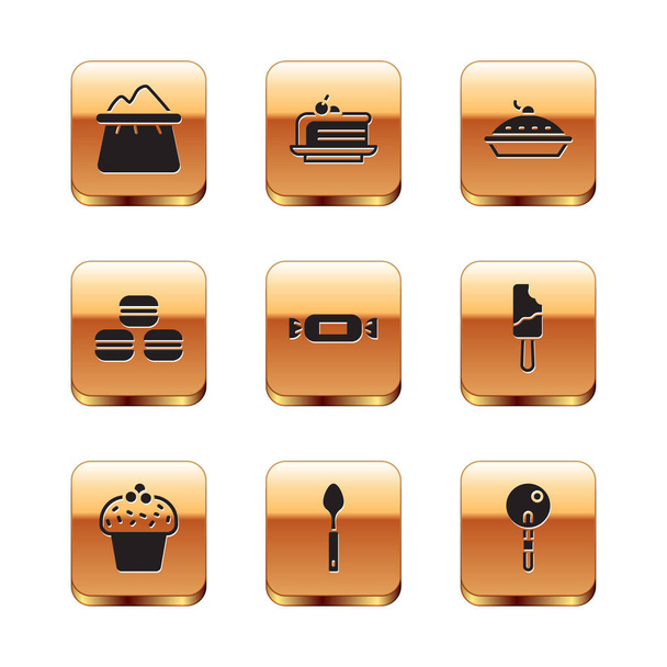 Set Bag of flour, Cake, Spoon, Candy, Macaron cookie, Homemade pie, Lollipop and Piece cake icon. Vector - Vector, Image