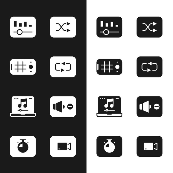 Ορισμός κουμπί Επανάληψη, Selfie κινητό, Μουσική equalizer, Arrow shuffle, Laptop με μουσική, Ηχείο σίγασης, Αναπαραγωγή βίντεο και Stopwatch εικονίδιο. Διάνυσμα - Διάνυσμα, εικόνα