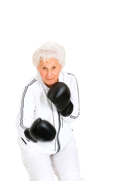 Elderly woman with boxing gloves - Zdjęcie, obraz