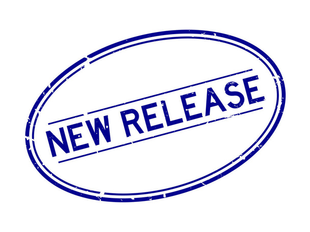 Grunge bleu nouveau mot de libération timbre de joint en caoutchouc ovale sur fond blanc - Vecteur, image